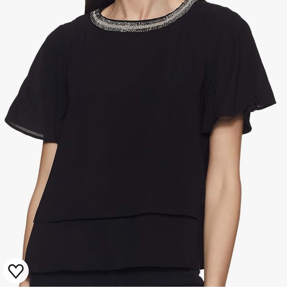 Black Zara Chiffon Layered Top, Embellished Neckline Basic Collection in M